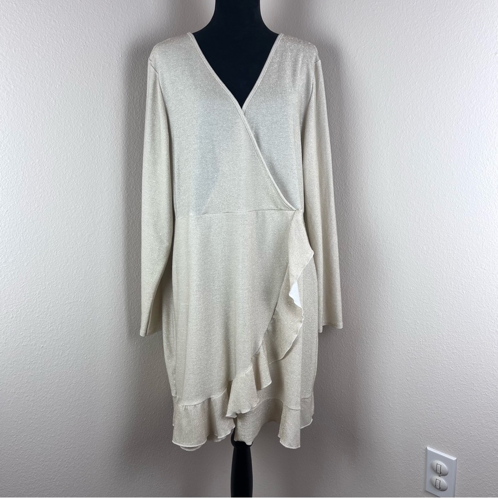 PrettyLittleThing Dress Womens Twenty Faux Wrap Mini Ruffle Sparkle Party Cream